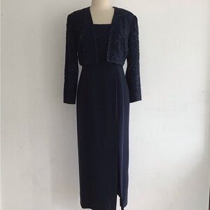Custom made Felice navy blue beaded maxi sheath dress /matching bolero 4 to 6ish